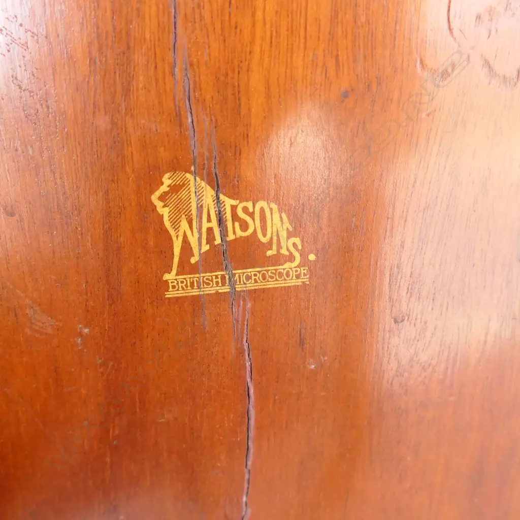 MAHOGANY CASED HIGH POWER BINOCULAR MICROSCOPE by W. WATSON & SONS LTD., LONDON , c.1946 Image 1++